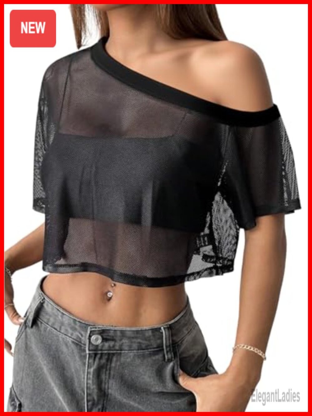 Sheer Mesh Off Shoulder Crop Top Short Sleeve Asymmetrical Y2K Clubwear